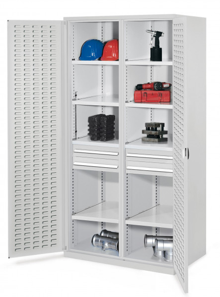 Schwerlastschrank mit Mitteltrennwand 1950 x 1000 x 600 mm Mod 56 RAL 7035. Türinnenseite: ®RasterPlan Schlitzplatte 2 Schubladen H 100 mm 4 Fachböden links verzinkt 4 Fachböden rechts verzinkt.