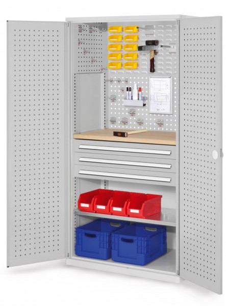®RasterPlan Schubladenschrank Modell 15 RAL 7035. Türinnenseite: Lochplatten 1950 x 1000 x 600 mm 3 Schubladen H 100 mm 1 Fachboden verzinkt 1 Werkbankplatte Multiplex.