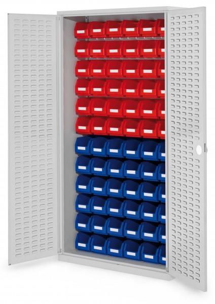 ®RasterPlan Schlitzplattenschrank H1950 x B 1000 x T 410 mm RAL 7035 Modell52 Schlitzplattentüren bestückt mit Lagersichtkasten 36 x Größe 5 36 x Größe 6.