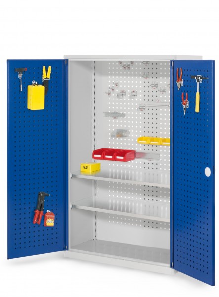 RasterPlan Werkzeugschrank Mod 4 500, H1600 x B1000 x T500 mm, RAL 7035/5010. Türinnenseite: RasterPlan Lochplatte, 2 Fachböden.