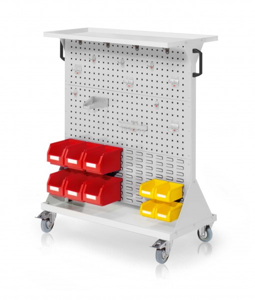 RasterMobil Gr. 3 RAL 7035 H 1270 x B 1000 x T 500 mm. 1 x Auflageboden aus Stahlblech 1 x Werkzeughaltersort. 15-teilig 6 x Lagersichtkästen Größe 6 4 x Lagersichtkästen Größe 7.