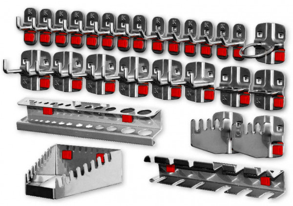 ®RasterPlan / ABAX Werkzeughalter-Sortiment 28-teilig anthrazitgrau. 6 Werkzeughalter mit schrägem Ende 8 Werkzeughalter mit senkr. Ende 6 Doppelte Werkzeughalter 2 Zangenhalter 1 Maschinenhalter 1 Schraubenschlüsselhalter 1 Schraubendreherhalter 1 Bohre