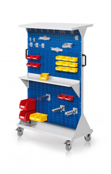 RasterMobil Gr. 4 RAL 7035/5010 H1620 x B1000 x T500 mm. 1 x Ablageboden aus Stahlblech 1 x Werkzeughaltersortiment 18-teilig 1 x Stahlboden 950 mm 1 x Gabelträger 2 x Wellenträger 2 x Lagersichtkästen Größe 6 3 x Lagersichtkästen Größe 7 15 x Lag