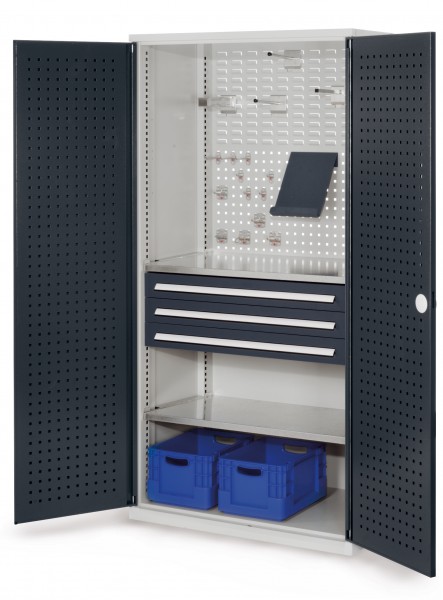 ®RasterPlan Schubladenschrank Modell 12 RAL 7035/7016. Türinnenseite: Lochplatten 1950 x 1000 x 600 mm 3 Schubladen H 100 mm 2 Fachböden verzinkt.