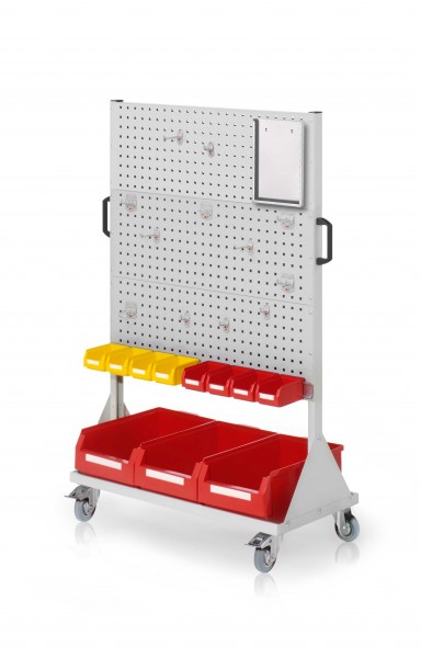 RasterMobil Gr. 4 RAL 7035 H1580 x B1000 x T500 mm. 1 x Werkzeughaltersortiment 12-teilig 1 x Formularhalter A4 1 x Lagersichtkastenhalter 990 mm 8 x Lagersichtkästen Größe 7 3 x Lagersichtkästen Größe 2.