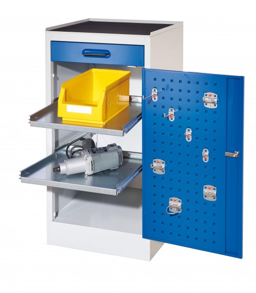 RasterPlan Arbeitsplatzschrank Modell 1S, H 1000 x B 500 x T 500 mm RAL 7035/5010, 1 Schublade, 2 ausziehbare Böden.