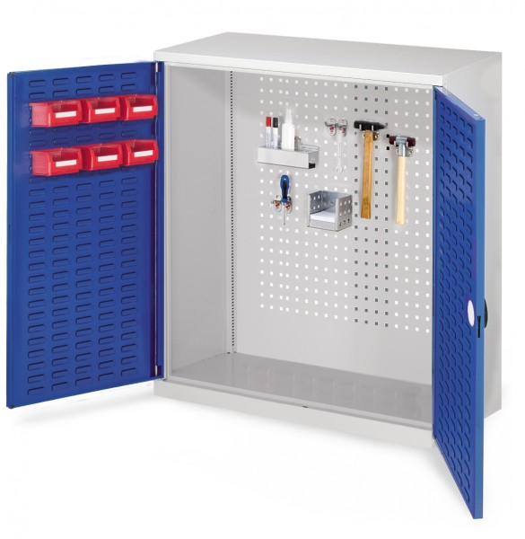 RasterPlan Werkzeugschrank Mod 1 410, H1000 x B1000 x T410 mm, RAL 7035/5010. Türinnenseite: RasterPlan Schlitzplatte.