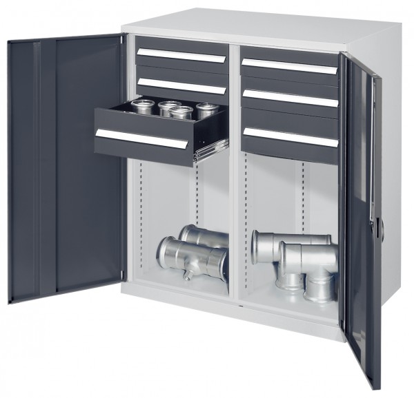 Schwerlast-Beistellschrank Modell 74 1110 x 1000 x 600 mm RAL 7035/7016. Mit Mitteltrennwand Vollblechtüren 4 Schubladen H 125 mm 2 Schubladen 175 mm.