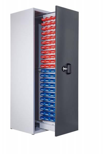 ®RasterPlan Zugwagenschrank Mod 1 2000 x 590 x 600 mm 7035/7016. 1 Auszug einseitig bestückt mit Lagersichtkasten 88 x Größe 8.