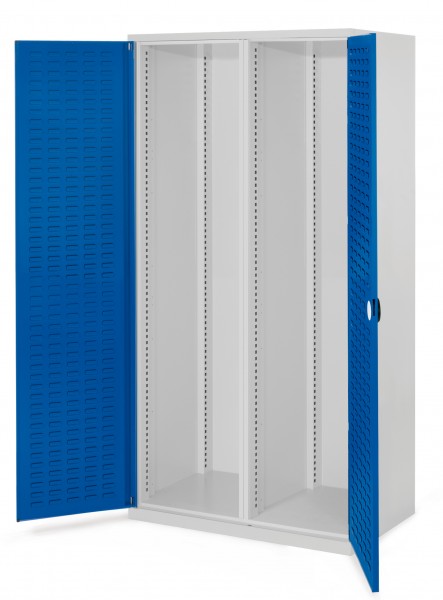 Schwerlastschrank Leergehäuse /Mod 50 1950 x 1000 x 600 mm RAL 7035/5010. Mit Mitteltrennwand Türinnenseite: ®RasterPlan Schlitzplatte