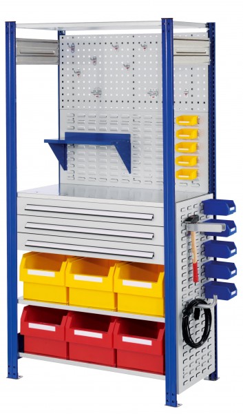®RasterPlan Steckregal Grundfeld RAL 5010 Modell 7 2000 x 1000 x 500 mm. Grundfeld mit 4 x Fachboden 500 mm 1 x Rückwand Lochplatte B 1000 mm 1 x Rückwand Schlitzplatte B 1000 mm 1 x Seitenwand Schlitzplatte H 1000 mm 1 x Schubladenblock dreifach 1 x