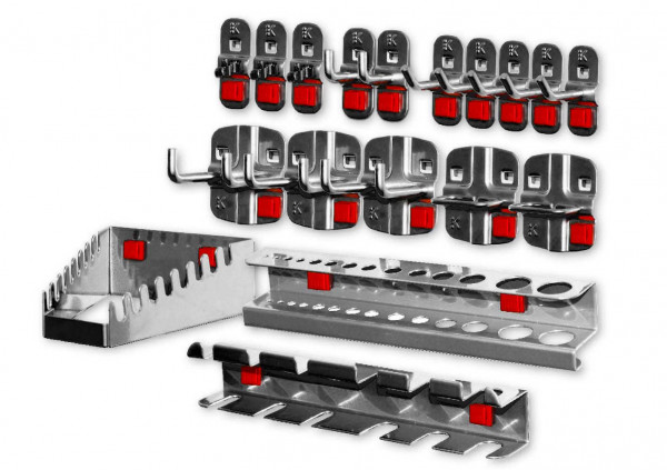 RasterPlan/ABAX Werkzeughalter-Sortiment, 18-teilig anthrazitgrau. 5 Werkzeughalter mit schrägem Ende, 2 Werkzeughalter mit senkr. Ende, 3 Doppelte Werkzeughalter, 3 Werkzeugklemmen, 2 Zangenhalter, 1 Bohrerhalter, 1 Schraubenschlüsselhalter, 1 Schraubend