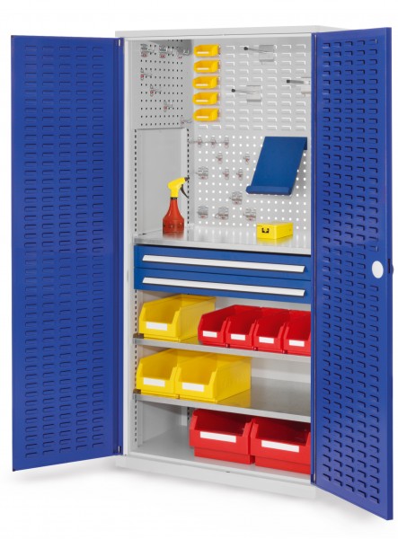 ®RasterPlan Schubladenschrank Modell 21 RAL 7035/5010. Türinnenseite: Schlitzplatten 1950 x 1000 x 600 mm 2 Schubladen H 100 mm 3 Fachböden verzinkt.