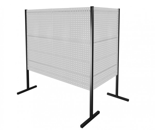 ®RasterPlan Trennwand Doppelfeld 90° L1000 / 2000 mm H1500 mm RAL 7035. Mit 6 ®RasterPlan Lochplatten.