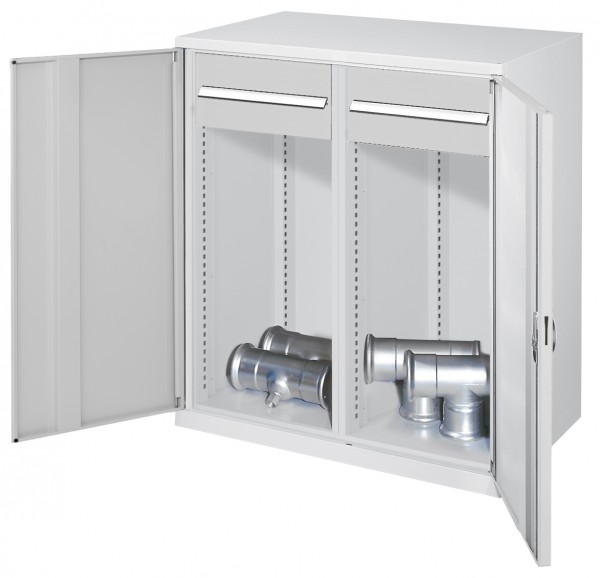 Schwerlast-Beistellschrank Modell 75 1110 x 1000 x 600 mm RAL 7035. Mit Mitteltrennwand Vollblechtüren 2 Schubladen 175 mm