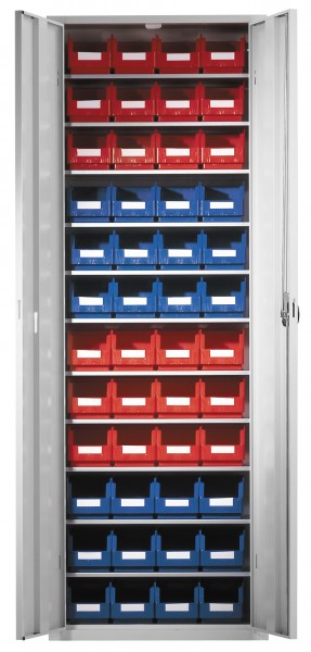 Ordnungsschrank mit Türen Modell 33 1950 x 690 x 285 mm RAL 7035. Inklusiv Lagersichtkasten 48 x Größe 6.