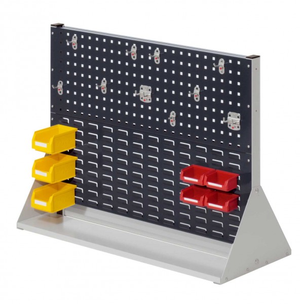 ®RasterPlan Stellwand Gr.2 doppelseitig H760 x B1000 x T430 mm RAL 7035/7016. 1 x Werkzeughaltersortiment 10-teilig 3 x Lagersichtkästen Größe 7,4 x Lagersichtkästen Größe 8.
