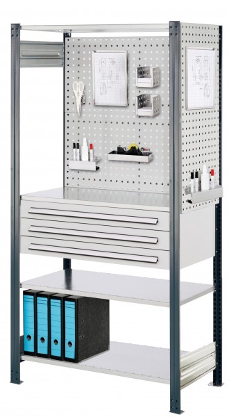 ®RasterPlan Steckregal Grundfeld RAL 7016 Modell 4 2000 x 1000 x 500 mm. Grundfeld mit 4 x Fachboden 500 mm 2 x Rückwand Lochplatten B 1000 mm 1 x Seitenwand Lochplatte H 1000 mm 1 x Schubladenblock dreifach 2 x Formularhalter 2 x Kombistifthalter 2