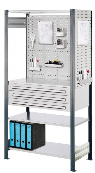 RasterPlan Steckregal Grundfeld RAL 7016 Modell 4, 2000 x 1000 x 500 mm. Grundfeld mit 4 x Fachboden 500 mm, 2 x Rückwand Lochplatten B 1000 mm, 1 x Seitenwand Lochplatte H 1000 mm, 1 x Schubladenblock dreifach, 2 x Formularhalter, 2 x Kombistifthalter, 2