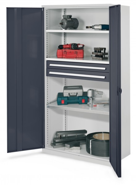 Schwerlastschrank ohne Mitteltrennwand 1950 x 1000 x 600 mm Mod 45 RAL 7035/7016. Vollblechtüren 3 Fachböden verzinkt 2 Schubladen H 100 mm.