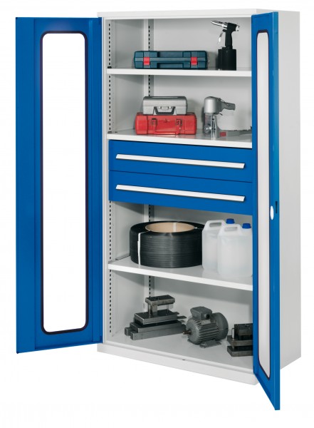 Schwerlastschrank ohne Mitteltrennwand 1950 x 1000 x 600 mm Mod 42 RAL7035/5010. Sichtfenstertür. 3 Fachböden verzinkt 2 Schubladen H175 mm.