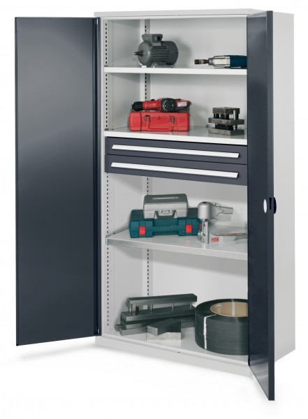 Schwerlastschrank ohne Mitteltrennwand 1950 x 1000 x 600 mm Mod 45 RAL 7035/7016. Doppelwandtüren 3 Fachböden verzinkt 2 Schubladen 100 mm.