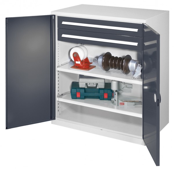 Schwerlast-Beistellschrank Modell 63 1110 x 1000 x 600 mm RAL 7035/7016. Doppelwandtüren 2 Schubladen H 100 mm 2 Fachböden B 1000 mm.