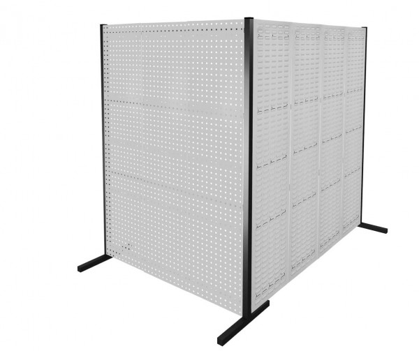 ®RasterPlan Trennwand Doppelfeld 90° 1500 / 2000 mm H2000 mm RAL 7035. Mit 4 ®RasterPlan Lochplatten 3 ®RasterPlan Schlitzplatten.
