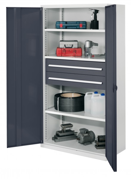 Schwerlastschrank ohne Mitteltrennwand 1950 x 1000 x 600 mm Mod42 RAL 7035/7016. Vollblechtür 3 Fachböden verzinkt 2 Schubladen 175 mm.