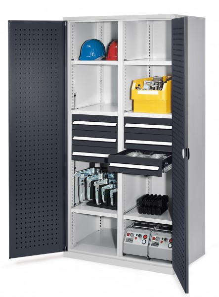 Schwerlastschrank mit Mitteltrennwand 1950 x 1000 x 600 mm Mod 53 RAL7035/7016. Türinnenseite: ®RasterPlan Lochplatten 6 Schubladen H 125 mm 3 Fachboden links verzinkt 3 Fachboden rechts verzinkt.