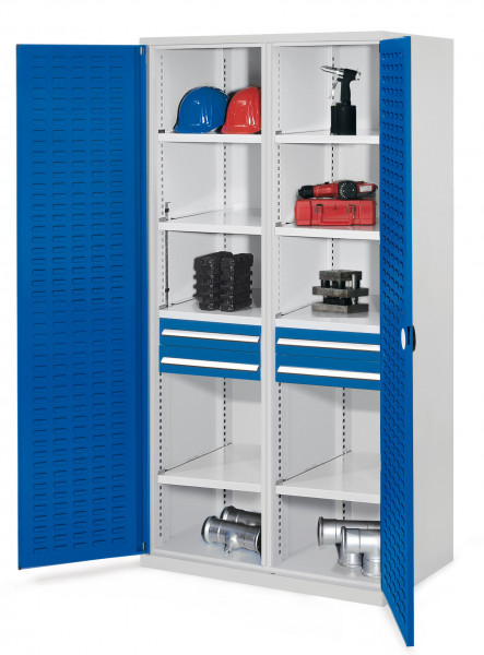 Schwerlastschrank mit Mitteltrennwand 1950 x 1000 x 600 mm Mod 56 RAL 7035/5010. Türinnenseite: ®RasterPlan Schlitzplatte 2 Schubladen H 100 mm 4 Fachböden links verzinkt 4 Fachböden rechts verzinkt.
