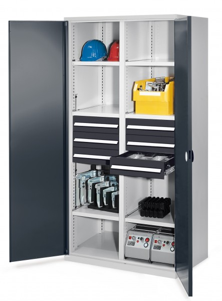 Schwerlastschrank mit Mitteltrennwand 1950 x 1000 x 600 mm Mod 53 RAL 7035/7016. Doppelwandtür 6 Schubladen H 125 mm 3 Fachboden links verzinkt 3 Fachboden rechts verzinkt.