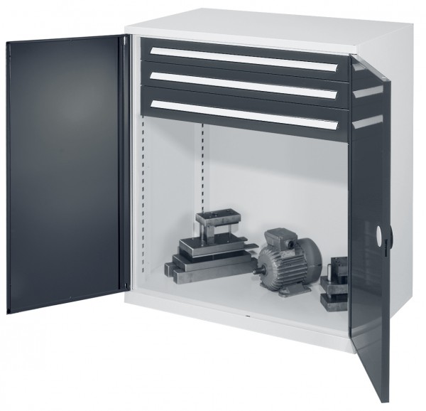 Schwerlast-Beistellschrank Modell 65 1110 x 1000 x 600 mm RAL 7035/7016. Doppelwandtüren 3 Schubladen H 100 mm.