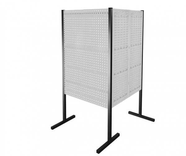 ®RasterPlan Trennwand Doppelfeld 90° 1000 / 1000 mm H1500 mm RAL 7035. Mit 2 ®RasterPlan Lochplatten 2 ®RasterPlan Schlitzplatten.
