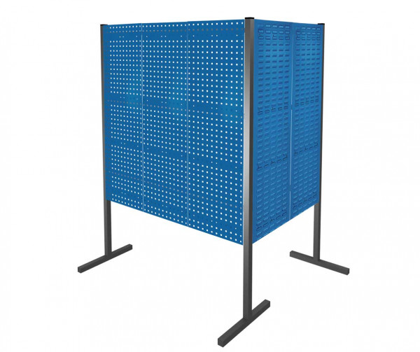 ®RasterPlan Trennwand Doppelfeld 90° 1000 / 1500 mm H1500 mm RAL 5010. Mit 3 ®RasterPlan Lochplatten 2 ®RasterPlan Schlitzplatten.