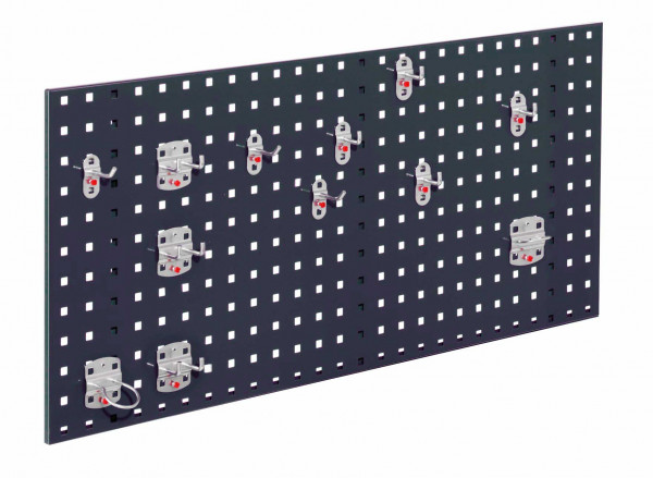 ®RasterPlan Einsteigerset 2 1 x ®RasterPlan Lochplatte RAL 7016 - Anthrazitgrau Breite 1000 mm x Höhe 450 mm 1 x ®RasterPlan Werkzeughalter-Sortiment 12-teilig