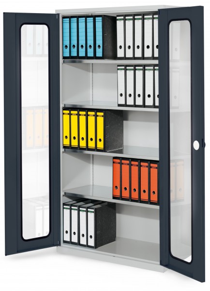 Systemschrank Serie 500 RAL 7035/7016 H1950 x B1000 x T500 mm.. Sichtfenstertüren 4 Fachböden verzinkt.