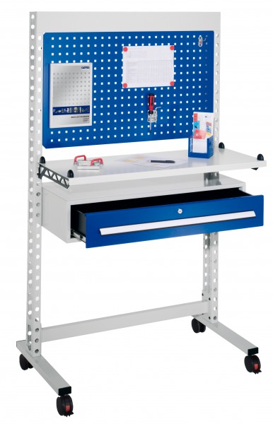 ErgoPlus Steharbeitsplatz RAL 7035 /5010 H1770 x B 1070 mm. Modell 7 ausgestattet mit 1 Schublade 200 x B 970 x T 400 mm mit 4 Lenkrollen davon 2 mit Feststeller.