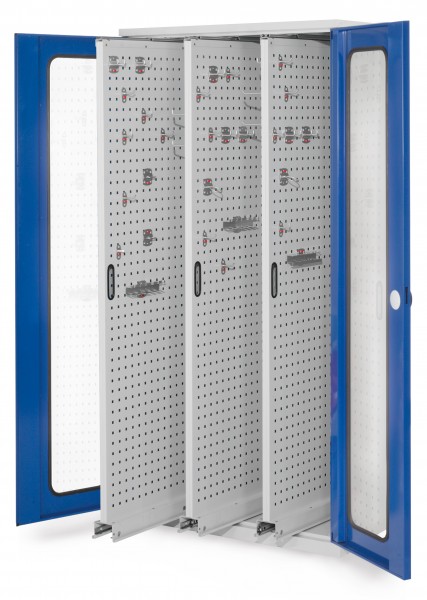 ®RasterPlan Vertikalschrank Modell 85 1950 x 1000 x 600 mm RAL 7035/5010. Sichtfenstertür 3 Auszüge Lochplatten.