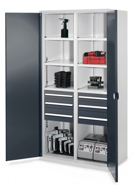 Schwerlastschrank mit Mitteltrennwand 1950 x 1000 x 600 mm Mod 55 RAL 7035/7016. Doppelwandtüren 2 Schubladen H 100 mm 2 Schubladen H 125 mm 2 Schubladen H 175 mm 3 Fachböden links verzinkt 3 Fachböden rechts verzinkt.