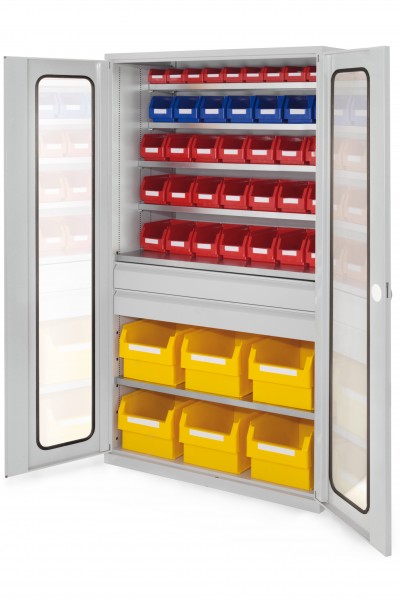 Großraumschrank Modell 33 RAL 7035 1950 x 1130 x 590 mm. Sichtfenstertüren 2 Schubladen mittig inklusiv Lagersichtkasten 6 x Größe 1 21 x Größe 5 7 x Größe 6 10 x Größe 7.