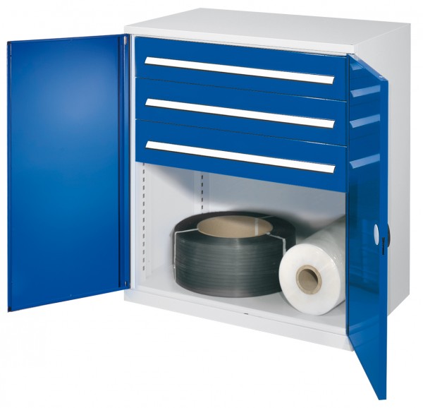 Schwerlast-Beistellschrank Modell 67 1110 x 1000 x 600 mm RAL 7035/5010. Doppelwandtüren 3 Schublade H 175 mm.
