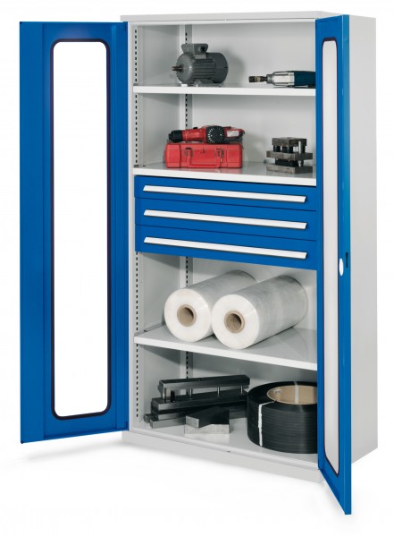 Schwerlastschrank ohne Mitteltrennwand 1950 x 1000 x 600 mm Mod 43 RAL 7035/5010. Sichtfenstertür. 3 Fachboden 1 Schubladen 100 mm 2 Schubladen 125 mm