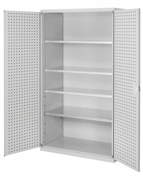 ®RasterPlan Großvolumenschrank 1950 x 1130 x 590 mm RAL 7035. Türinnenseite: ®RasterPlan Lochplatten 4 Böden.