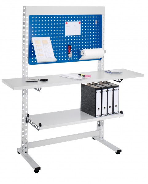 ErgoPlus Steharbeitsplatz RAL 7035 /5010 H1770 x B1070mm.. Modell 6 ausgestattet mit Holzplatte1600 x 400 mm mit 4 Bodenausgleichsfüßen.