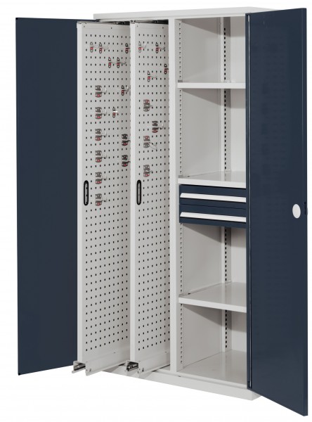 ®RasterPlan Vertikalschrank Modell 81 1950 x 1000 x 600 mm RAL 7035/7016. Doppelwandtür 2 Auszüge Lochplatten 3 Böden 2 Schubladen 100 mm.