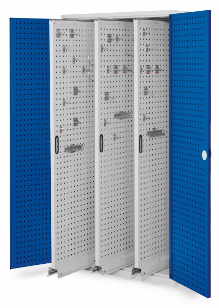 ®RasterPlan Vertikalschrank Modell 85 1950 x 1000 x 600 mm RAL 7035/5010. Türinnenseite: ®RasterPlan Lochplatten. 3 Auszüge Lochplatten.