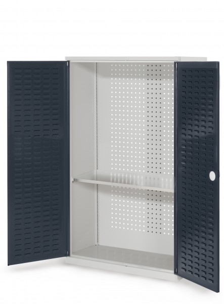 RasterPlan Werkzeugschrank Mod. 3 410, H1600 x B1000 xT 410 mm, RAL 7035/7016. Türinnenseite: RasterPlan Schlitzplatten, 1 Fachboden.