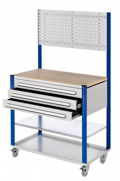 Mobile Arbeitsstation RAL 7035/5010 1730 x 1000 x 500 mm 3 Schubladen Lochplatte. Mit Zusatzboden.