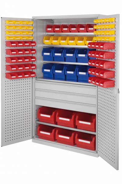 Großraumschrank Modell 35 RAL 7035 1950 x 1130 x 590 mm. Türinnenseite: ®RasterPlan Schlitz-/Lochplatten 3 Schubladen mittig inklusiv Lagersichtkasten 6 x Größe 2 10 x Größe 3 7 x Größe 5 7 x Größe 6 40 x Größe 7 32 x Größe 8.-